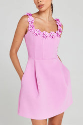 Faux Pearl Flower Applique Square Neck Pocketed Mini Dress